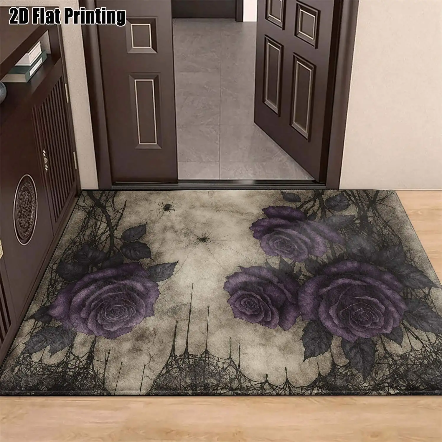 1Pc 2D Printed Retro Deep Purple Rose Pattern Carpet, European/Bohemian/Floral/Geometric Style, Machine Washable, Multiple Sizes, Home Decor & Multi-Scene Use