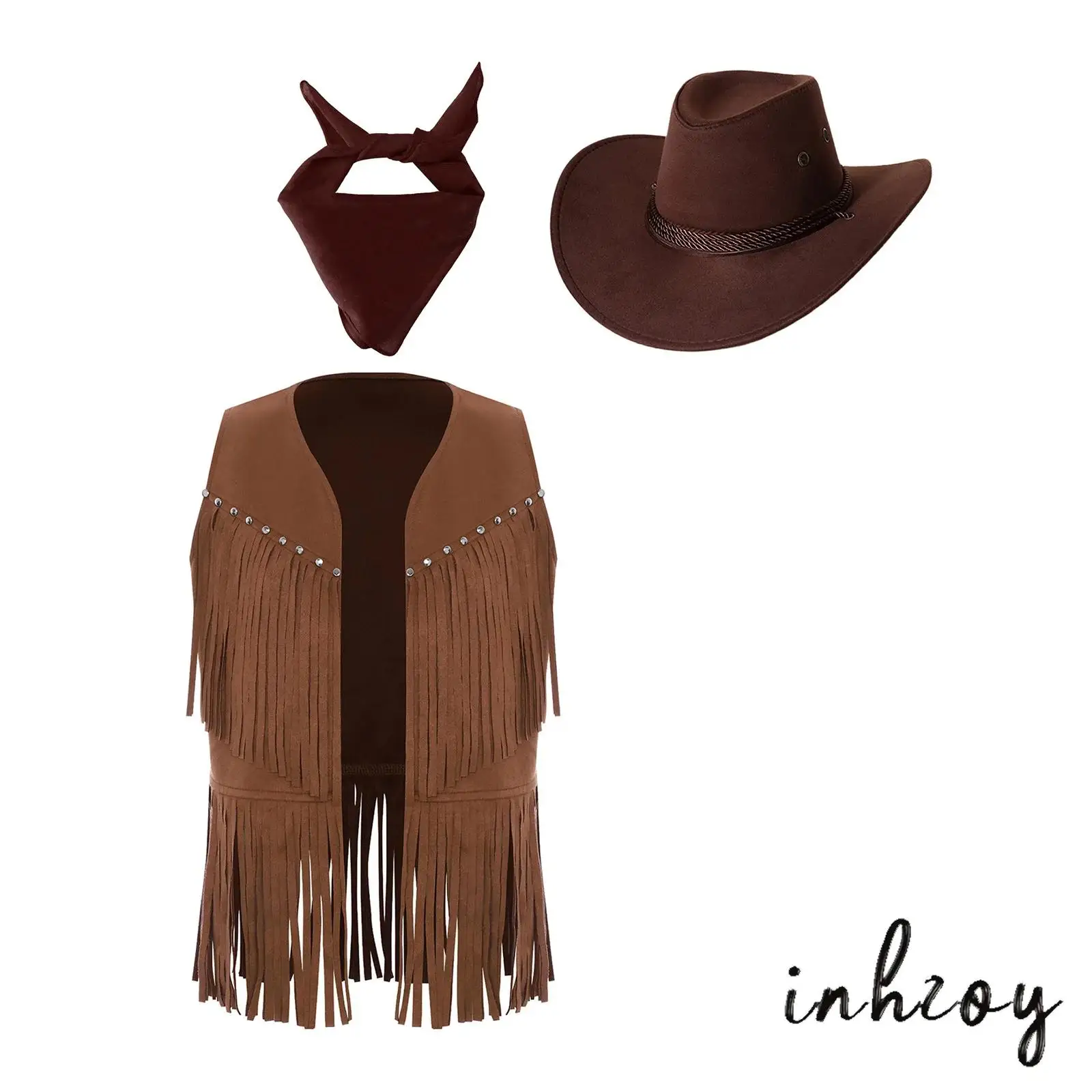 

Unisex Kids Cowgirl Outfit 3 Piece Set Tassel Fringe Vest Decorative Chest Studs Matching Hat Scarf for Halloween Western Party