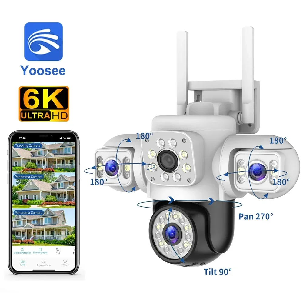 Yoosee 6K 12MP 3 Lens 3 Screens WiFi PTZ IP Camera Outdoor AI Detection Loop Recording Motion Alarm CCTV Smart Home Security