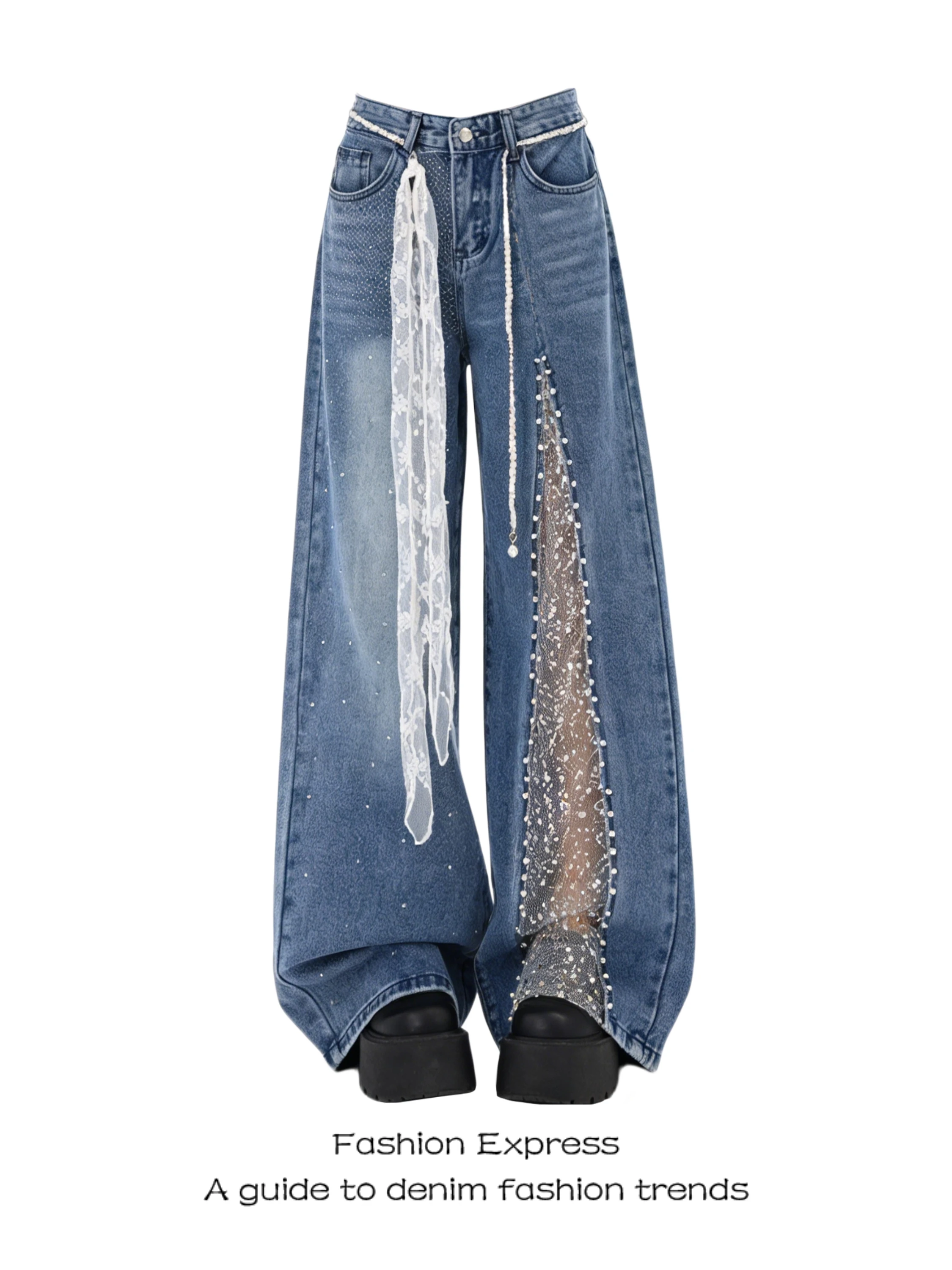 

Lace Splicing Wide Leg Jeans Women's High Street Trend Hollow out Straight Cut Resistant Wear Denim Casual High Waist Jeans