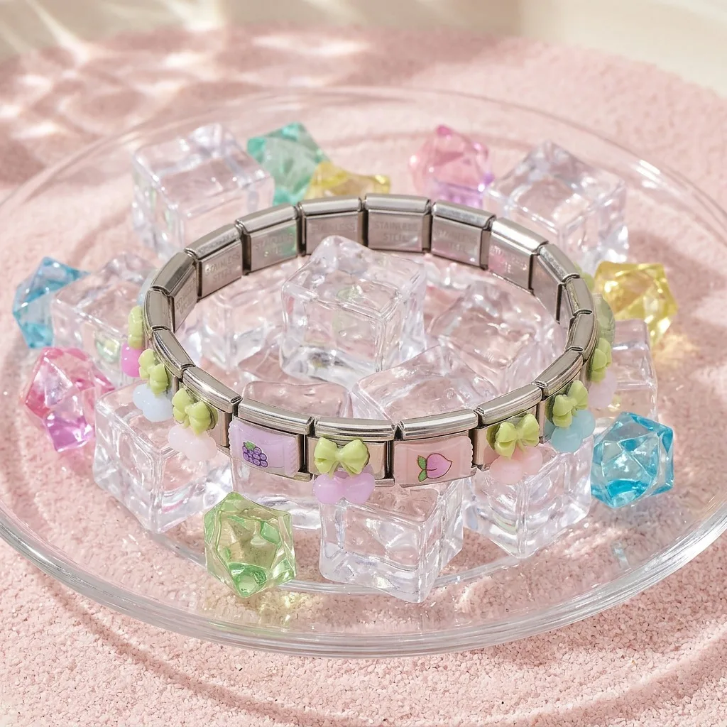 Trendy Food Fruit Vegetable Letters Chritmas Italian Module Bracelet Link DIY Removable Stainless Steel Charm Bangle Y2K Jewelry