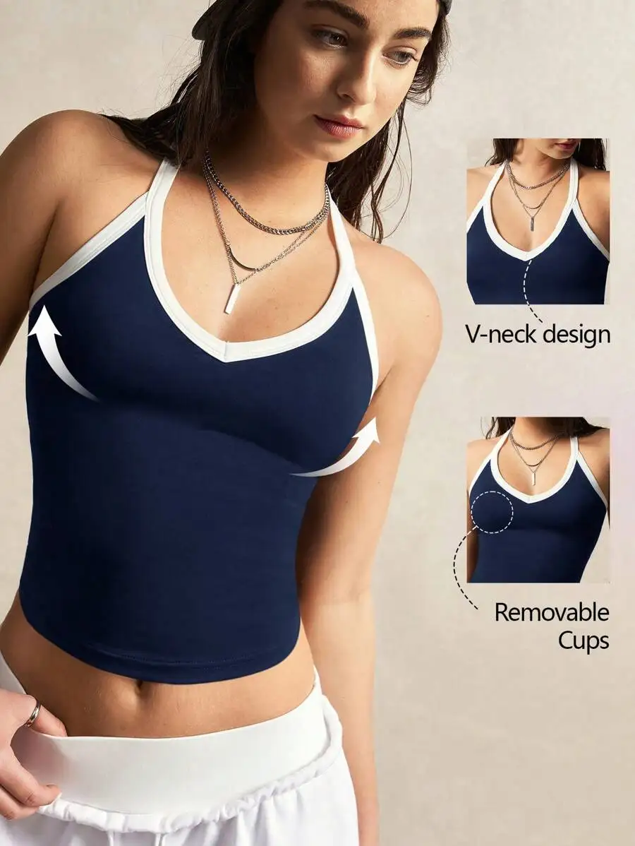

Slim Fit Sleeveless Tank Top for women, classic contrasting trim detail, soft comfy fabric, ideal summer sports top for gym