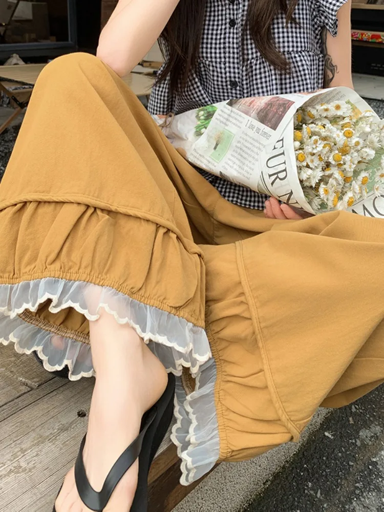 

Summer Thin Wide Leg Pants Women's Lace Trim Nine Points Loose Waist Sensation Drapey Elastic Waistband Casual Trousers