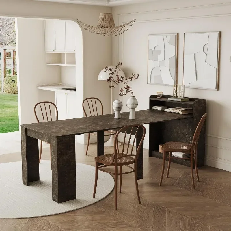 98.4" Extendable Storage, Modern Rectangle Wood Kitchen Console Living Room, Multifunctional Dining Table, Barnwood