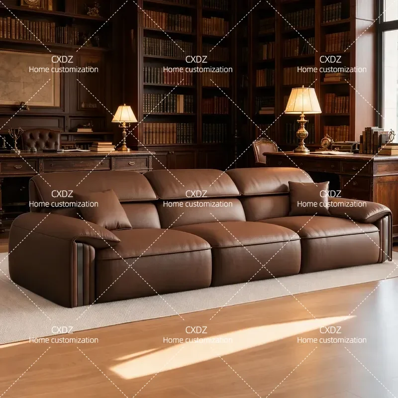 Italian light luxury leather straight row sofa combination living room large flat modern simple high backrest sofa
