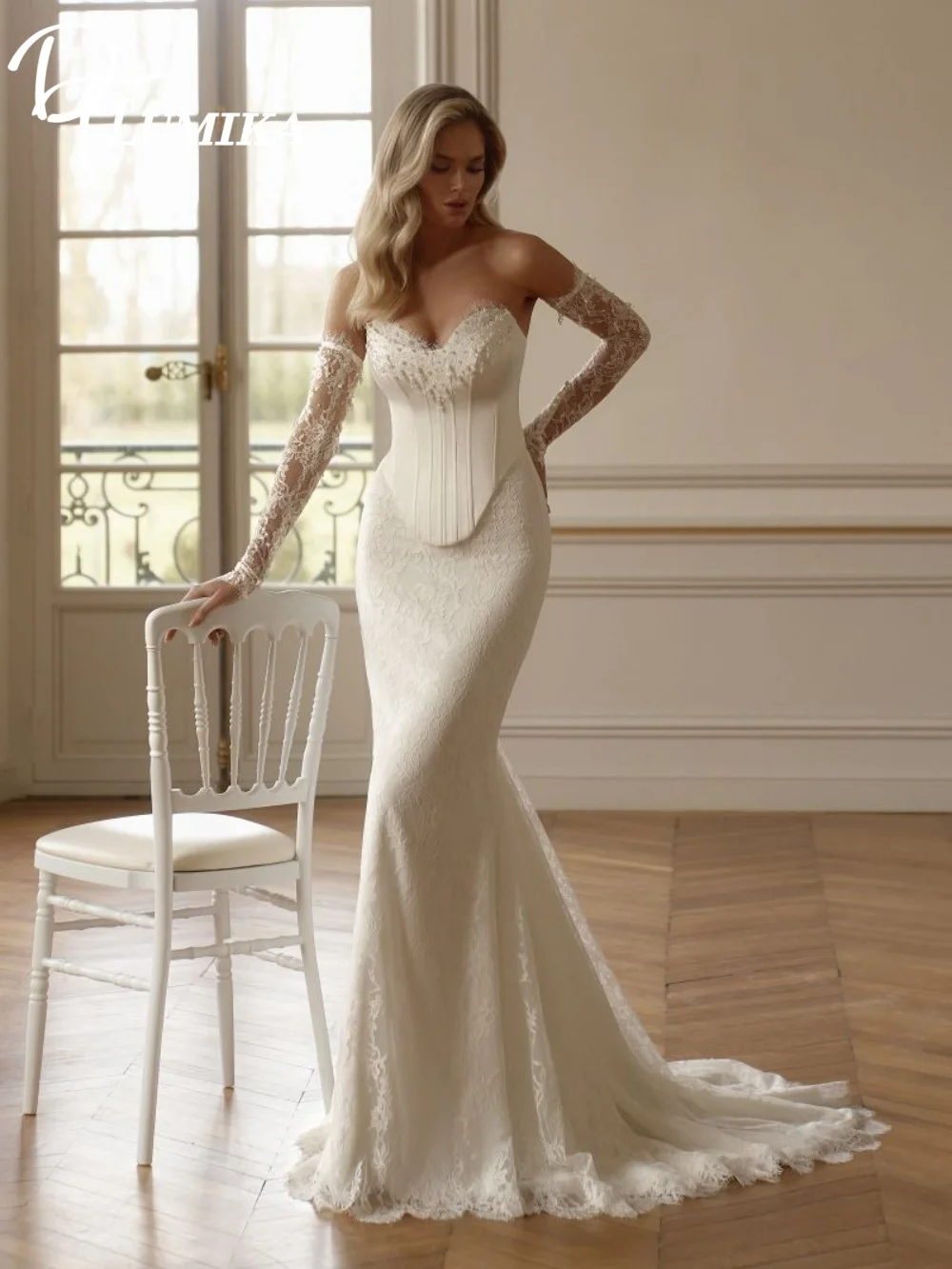 

Stylish Appliqued Sleeveless Wedding Dress Elegant Strapless A-Line Bridal Gown Charming Pearl Satin Floor-Length Wedding Gown