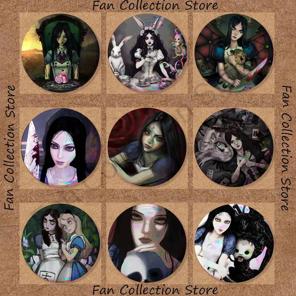 A-Alice Madness Returns Enamel Pins Funny Cartoon Characters Badge Fashion Jewelry Accessories Round Snap-in Brooch on Backpack