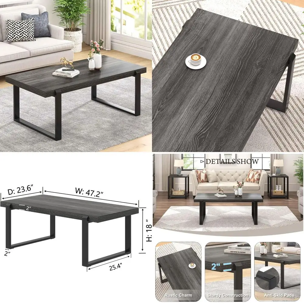 

Rustic Modern Coffee Table, Rectangular Wood and Metal Centerpiece, Living Room Cocktail Table, Dark Gray Finish