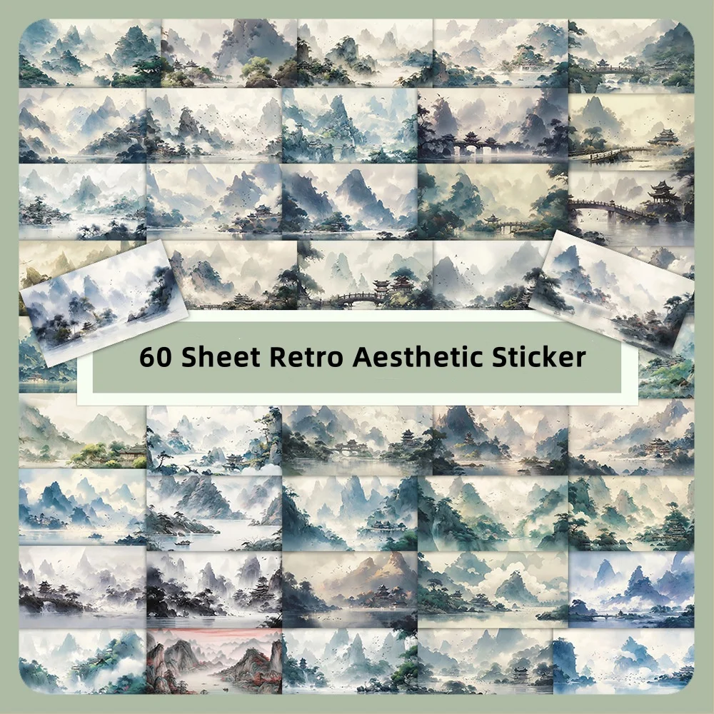 60Sheet Retro Chinese Ink Painting Stationery Sticker Asethetic Natural Landscape Scrapbook Sticker DIY Decor Luggage Sticker