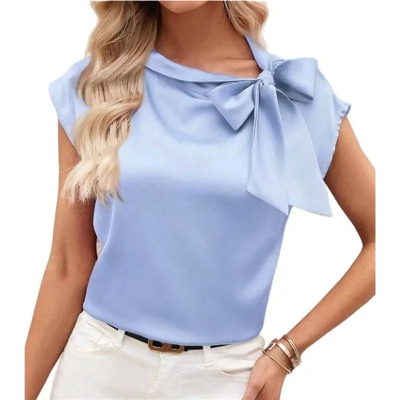 CYL-여성용 보타이 모크넥 캡 슬리브 새틴 블라우스 오피스 셔츠