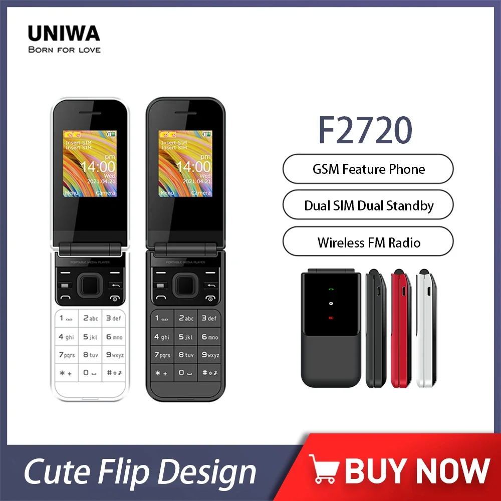 UNIWA F2720 2G 듀얼 스크린 플립 기능 핸드폰, 듀얼 SIM 카드 잠금 해제, 1.77 인치 클램셸 폰, 노인용 무선 FM 라디오