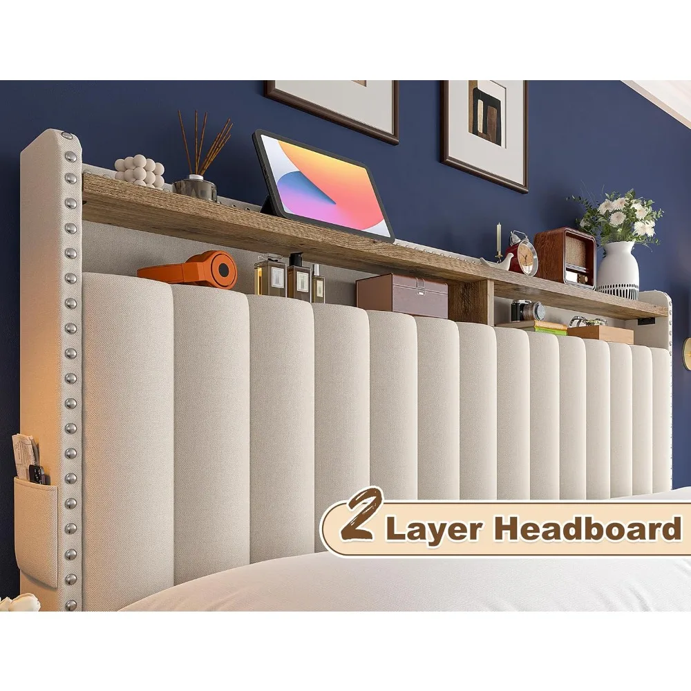 キングサイズベッドフレーム、大型収納引き出し4つ付き、ヘッドボード付き布張りベッド、2段棚、最大1200ポンドまで対応