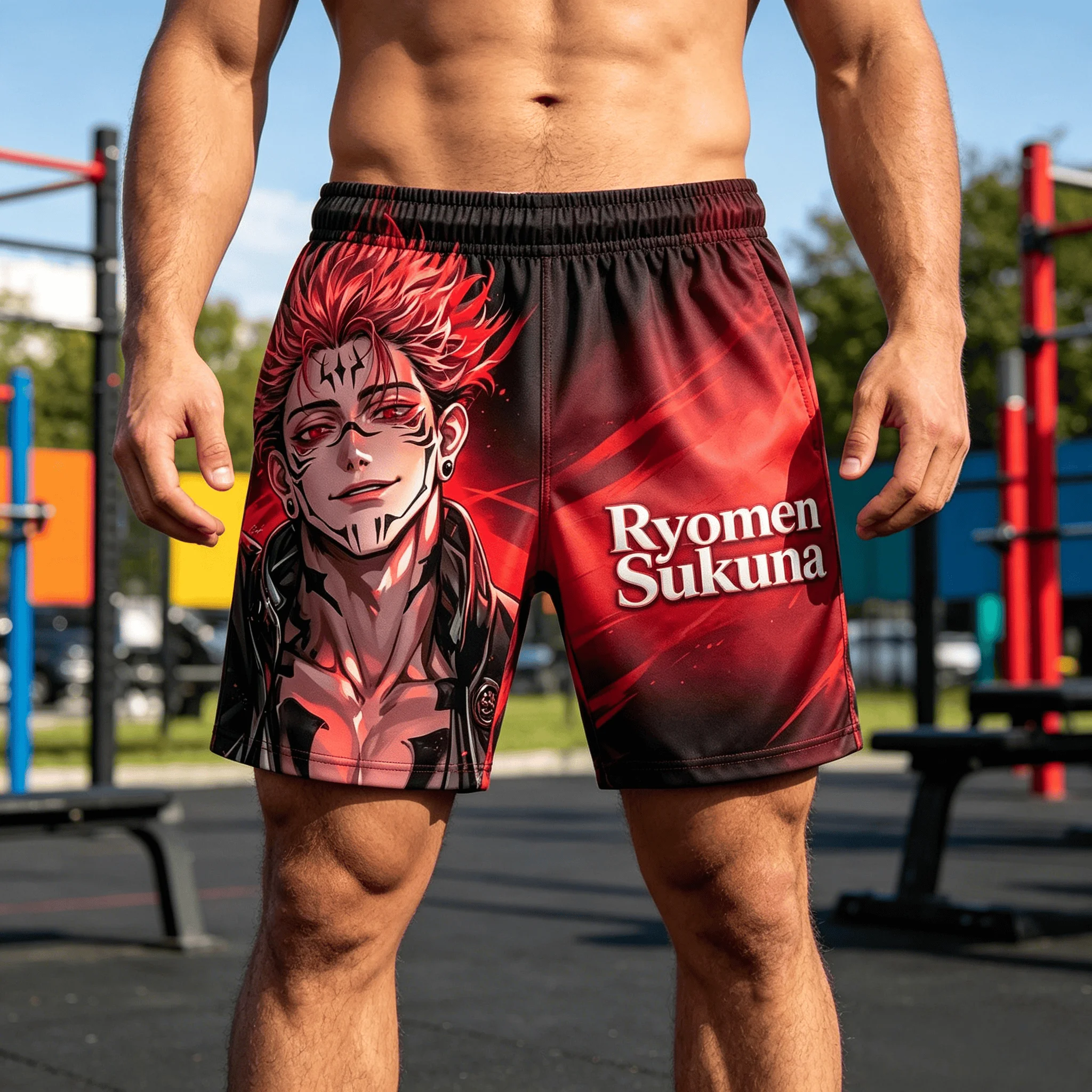 Anime Jujutsu Kaisen Ryomen Sukuna Print  Shorts, Black Red Gradient Quick Dry Breathable Casual Beach Shorts, Sports  Shorts