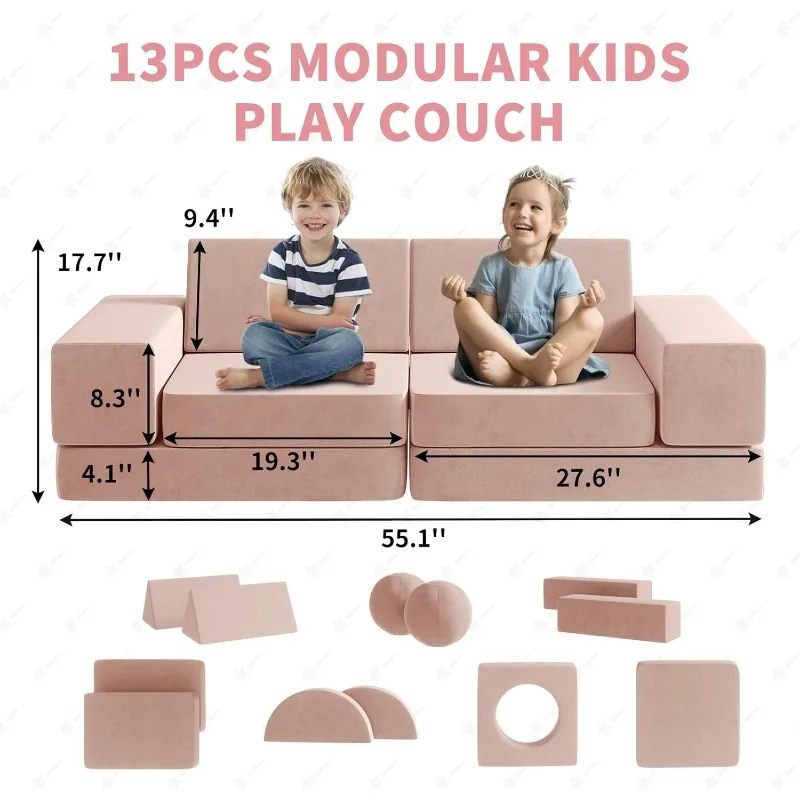 Kids Couch, 12PCS Fold Out Toddler Couch with 2 Balls Kids Play Couch Over 30 Creative Gameplay Couch for Kids (Pink)