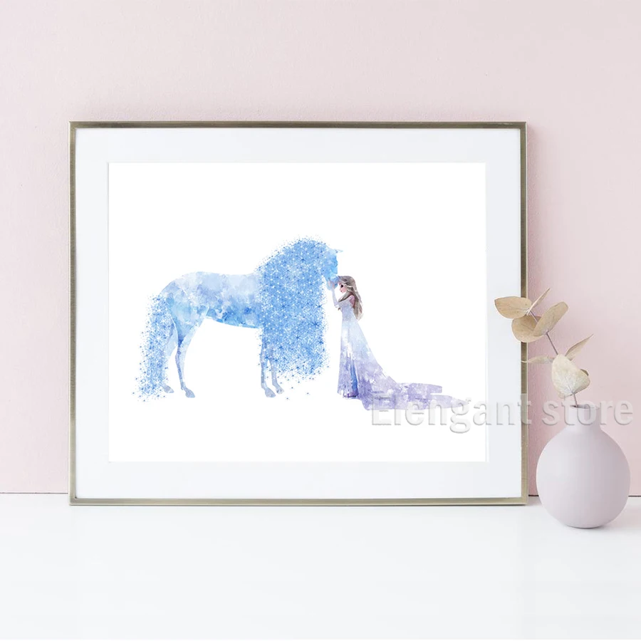 ملصق رسم فني بألوان مائية للفتيات ، مجمد 2 ، إلسا وحصان ثلج ، طبعة قلعة مجمدة ، هدية عيد ميلاد ، ديكور حضانة ، 2 في كل مجموعة #4