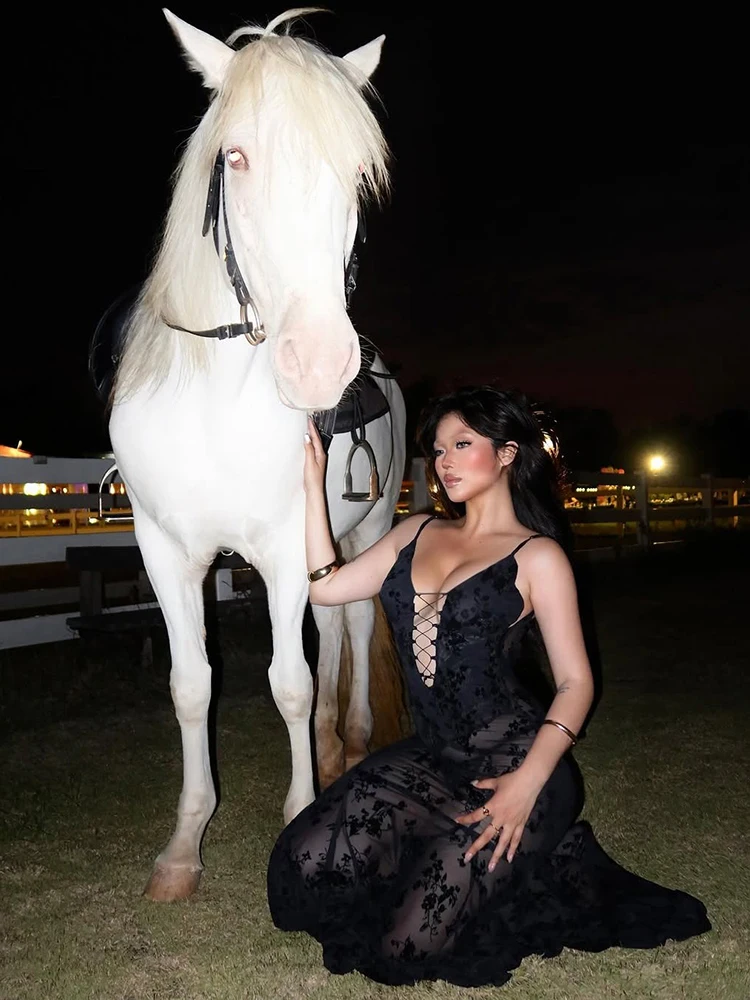 ชุดเดรสยาวแฟชั่นเซ็กซี่ Kliou สำหรับผู้หญิง ผ้าตาข่ายเย็บต่อกัน แต่งระบาย คอวีลึก เปิดหลัง ไม่มีแขน เหมาะสำหรับงานพรอมกลางคืน งานปาร์ตี้ หรืองานเลี้ยงสุดหรู