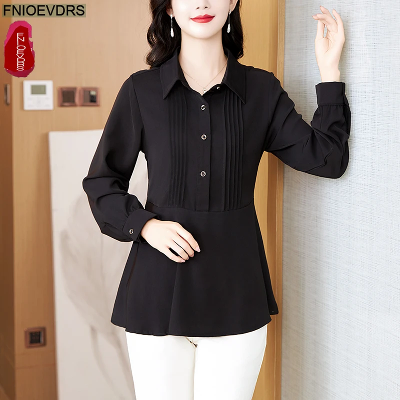 Elegant Black Basics Shirts New Fashion Woman Autumn Spring Long Sleeve Solid Retro Office Lady Button Peplum Tops Blouses