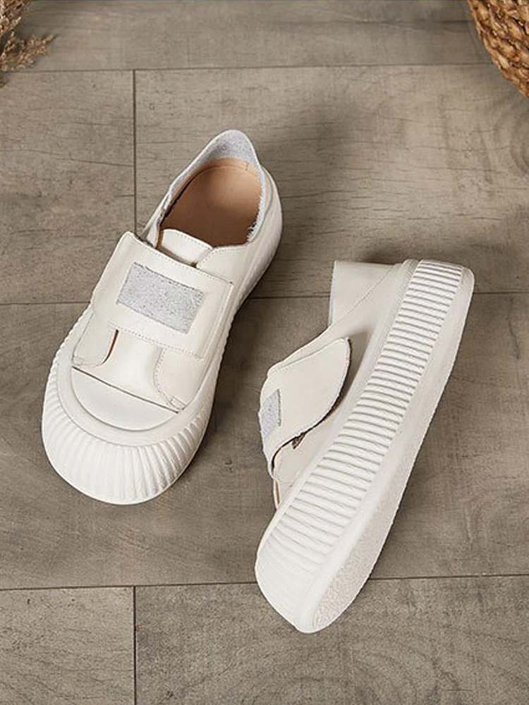 Birkuir Genuine Leather Flat Platform Women Shoes Hook Loop Soft Soles Shoes Round Toe Thick Heel Luxury Casual Boat White Shoes