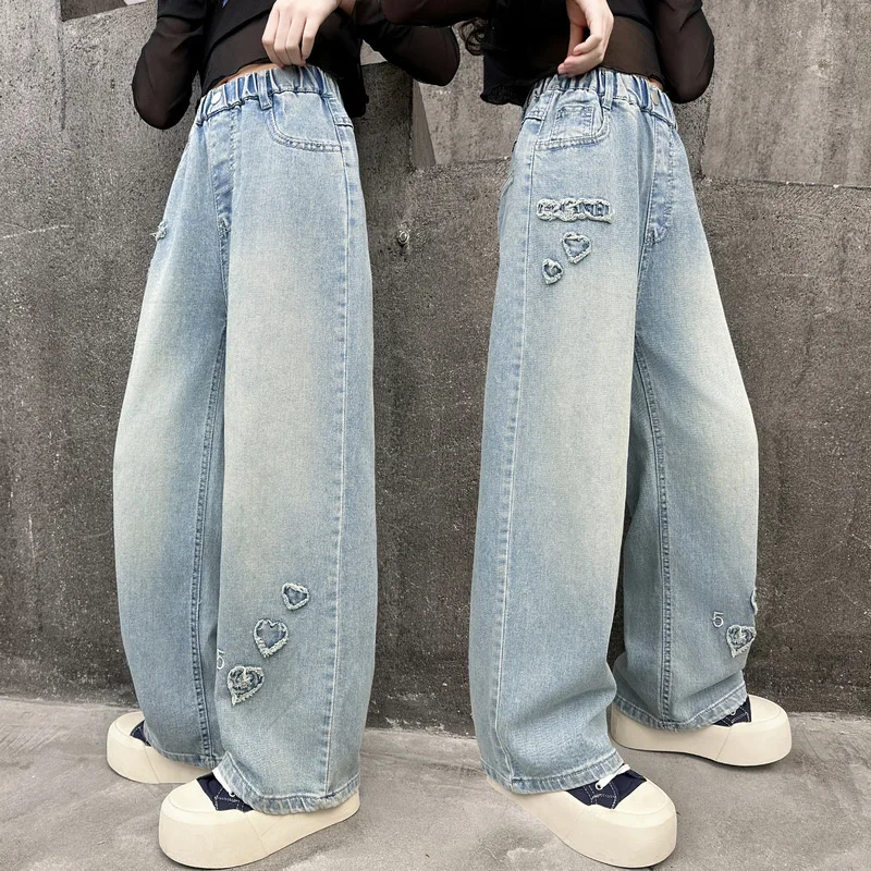 Girl Jeans Elastic Waist Heart Applique Kids Casual Denim Pants For Tweens Child Autumn Spring Straight Wide Leg Jeans Trousers
