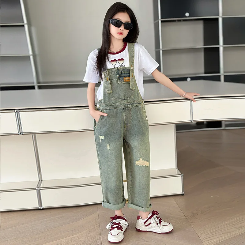 Kids Ripped Denim Suspender Jumpsuit for Girls Fashion Destroyed Bib Jeans With Straps Children Suspender Pants Overall Dungaree