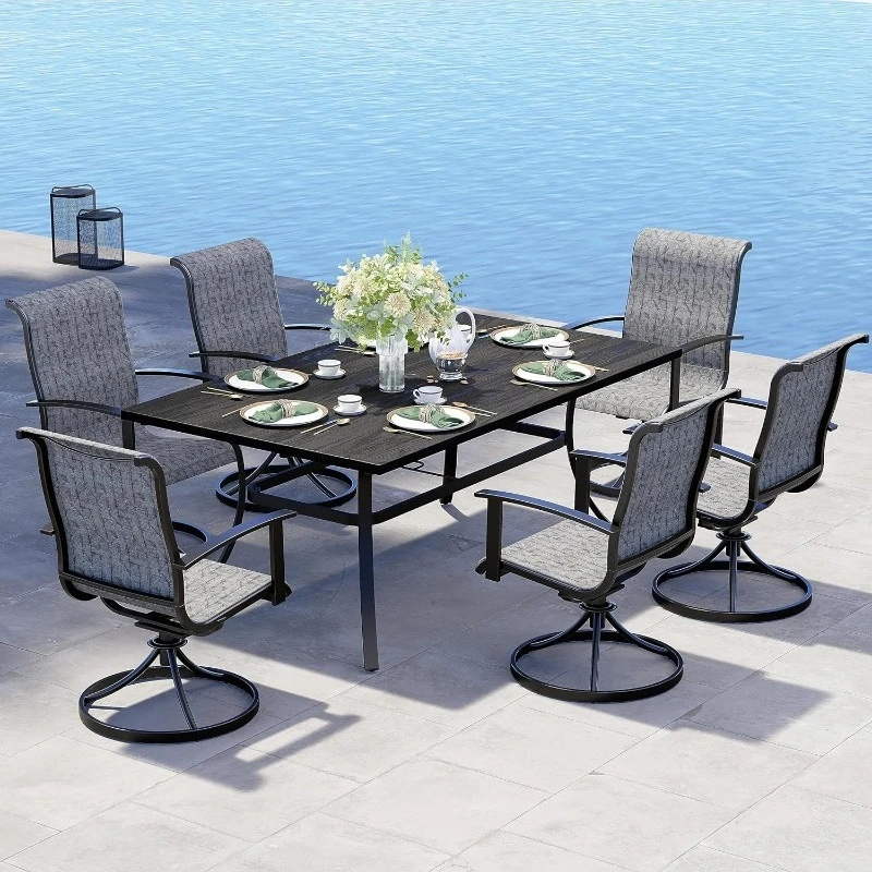 patio Outdoor Dining Set for 6, Patio Dining Set with 6-Piece Mesh Sling Rocking Chairs