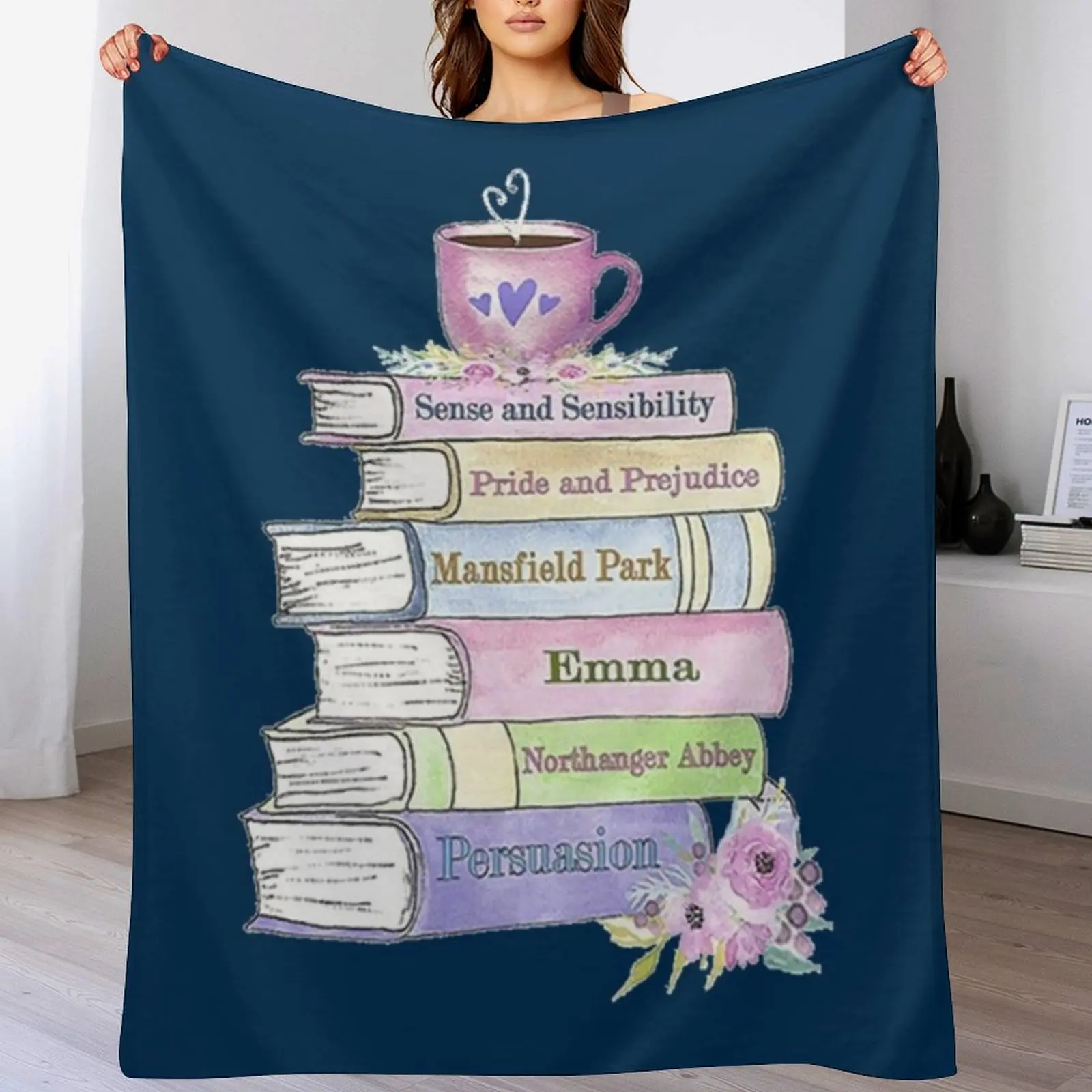 Jane Austen Book Stack Pride and Prejudice Literary Quotes Book Club Throw Blanket