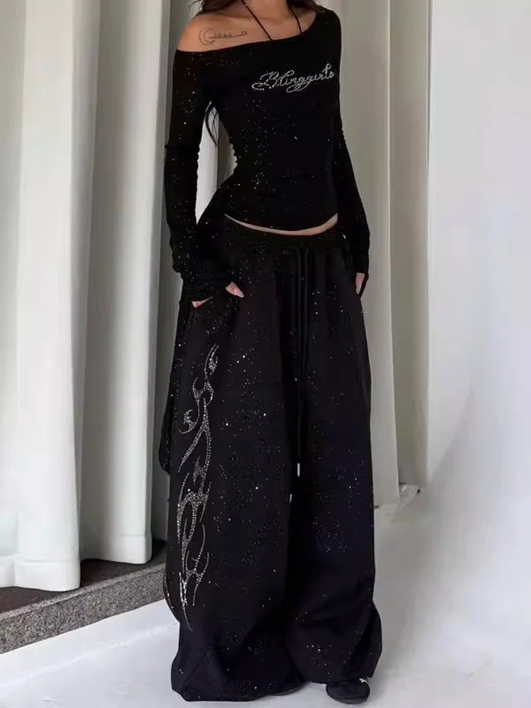 

American Style Glittering Jazz Dance Wide Leg Sport Pants Women's High Waist Shiny Sequin Casual Trousers Breathable Cotton P...