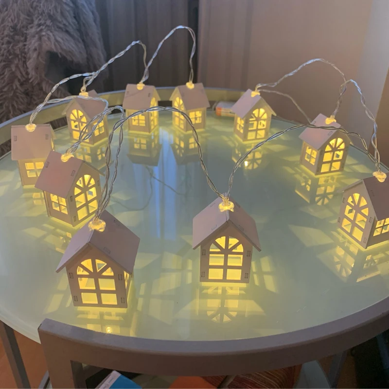 2M 10LED Christmas Wood House Style Fairy Light String Xmas Ornament Navidad New Year Christmas Decorations Home Party Lamps