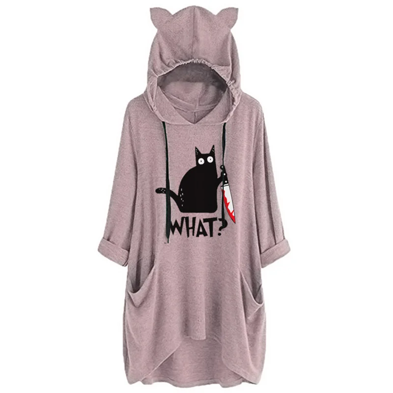 New autumn and winter cotton women's fashion WHAT cute black cat print fashion trend Cat ear pocket long hoodie