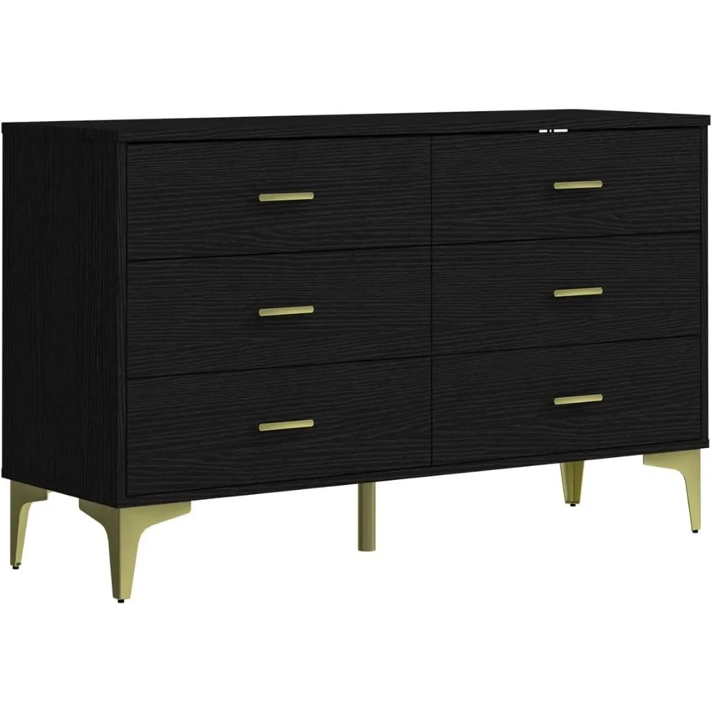 Modern 6 Drawer Wood Dresser, Wood Lateral Chest of Drawers Storage Organizer with Wide Drawers & Metal Gold Handles for Bedroom