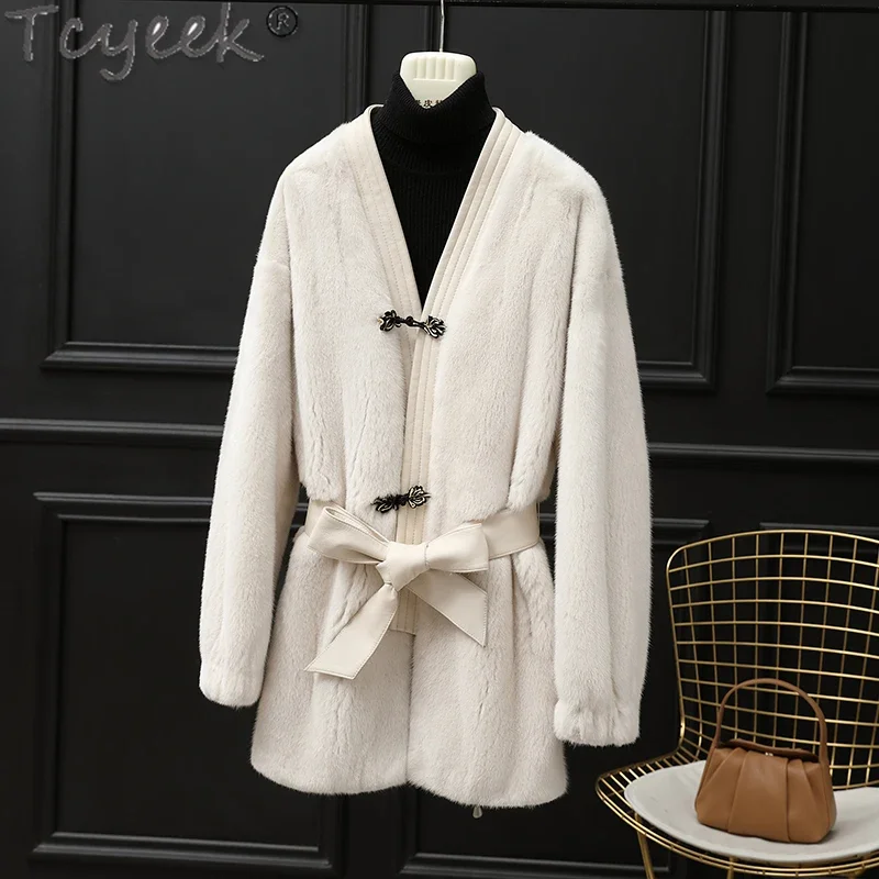 Tcyeek-casaco de pele de vison natural para mulheres, estilo médio, jaquetas de pele real, casacos com decote em v, moda feminina, inverno inteiro