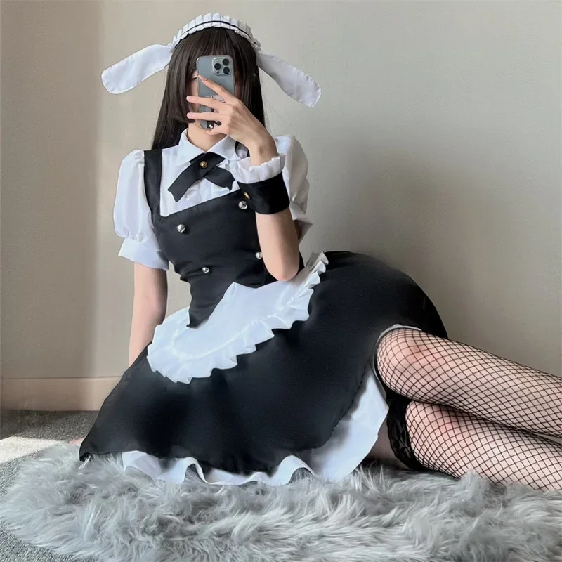 Coelhinho preto Cosplay para mulheres, avental japonês, roupas de empregada, roupas kawaii, Lolita, menina da escola, Halloween