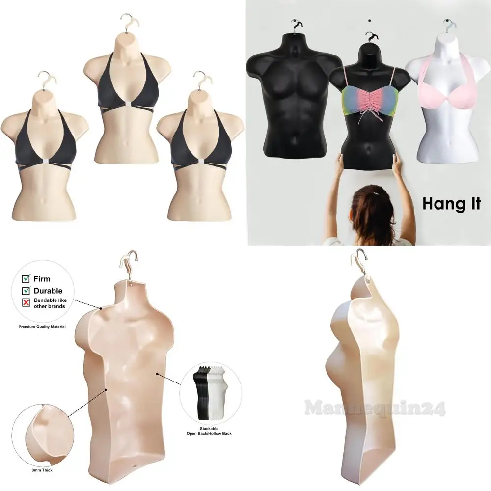 

Stackable Hollow Back Female Mannequin for Dress Display, Hanging Hooks, T-Shirt Rack, Craft Countertop Use