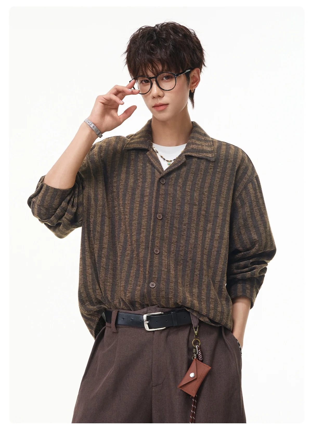 Men's Long-Sleeve Striped Shirt With Color-Blocking Panels Autumn Retro Soft Casual Relaxed-Fit Top