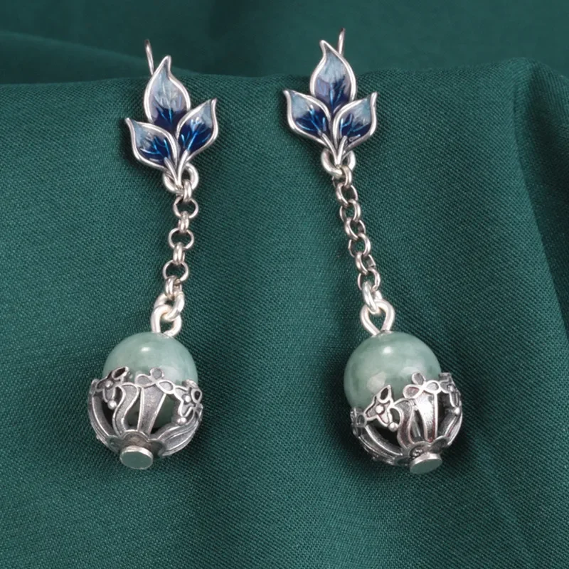 

925 Sterling Silver Enamel Leaf Emerald Round Bead earrings For Women Vintage Ethnic Style Long Handmade Drop Wholesale