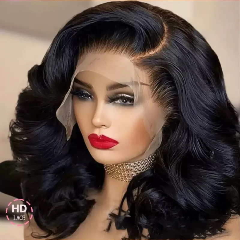 HD Lace Front Wig Body Wave Bob Short Curly Wig Natural Black Synthetic Hair for Women Daily Use Heat Resistant Fiber