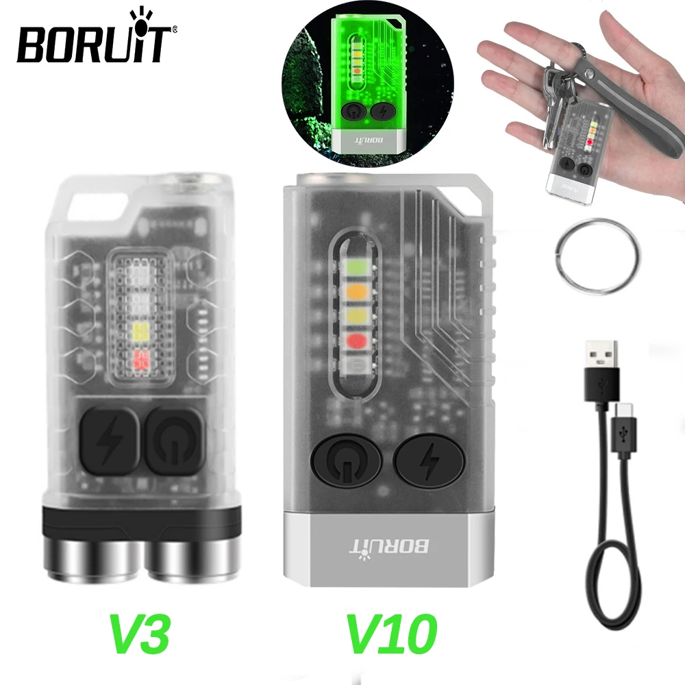 BORUiT EDC Keychain Lights 1000LM Small LED Flashlight Type-C Rechargeable Torch Waterproof Fishing Camping With Magnet UV Light