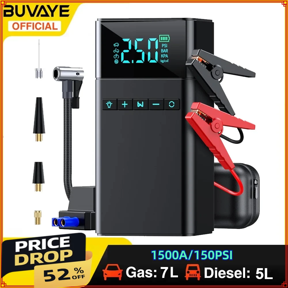 BUVAYE 4 in 1 Jump Starter with Air Compressor 1500A/150PSI Car Power Bank Tire Inflator Tire Pressure Detection Automatically