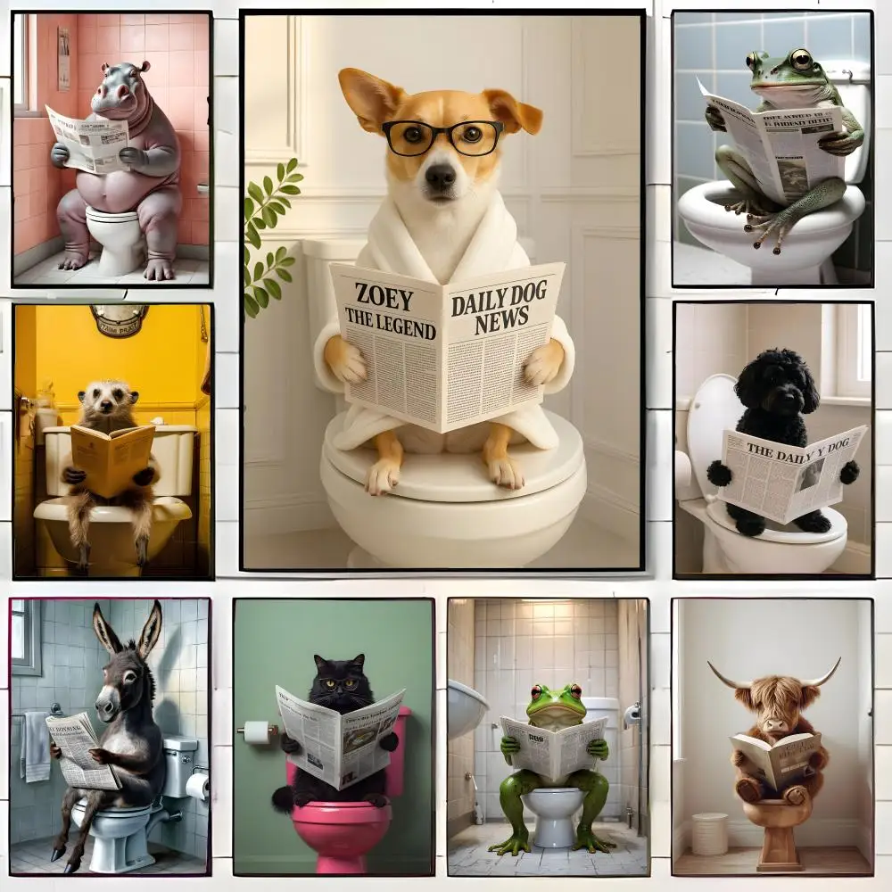1PC Funny Bathroom Animals Reading Books Humorous Poster Canvas Wall Art Print Poster Decorative Mural Home Decor Gift Unframed