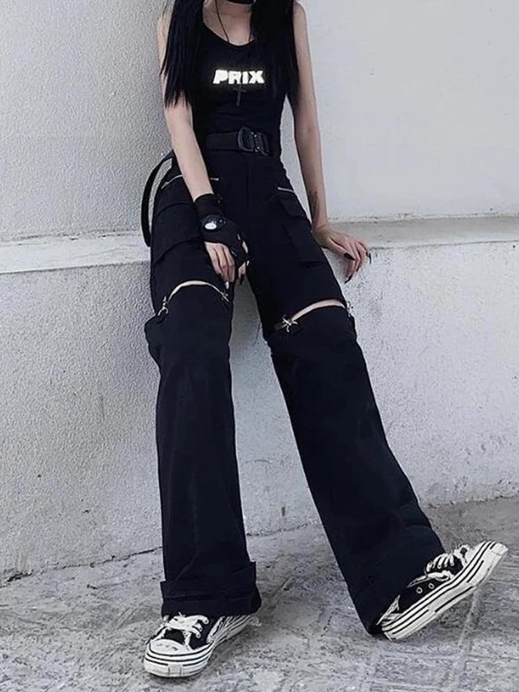 QWEEK Techwear Gothic Black Cargo Pants Women Streetwear Hollow Out Punk Wide Leg Oversize Pockets Trousers For Female Hip Hop