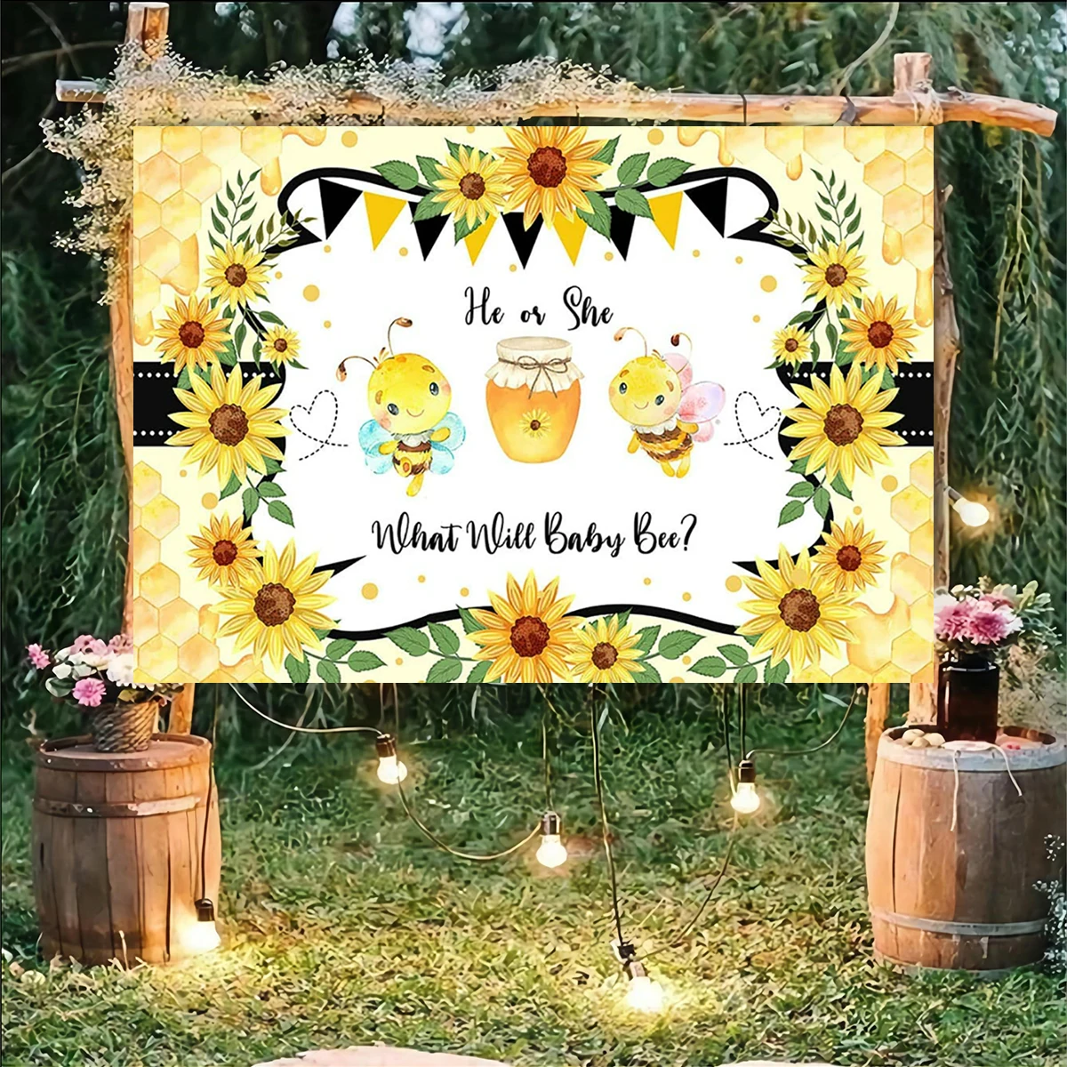 Stitch and Angel Gender Reveal Backdrop Summer Hawaii Baby Shower Banner for Party Decorations Supplies What Will She Or He Bee