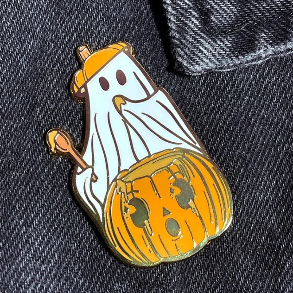 Halloween Ghost with Pumpkin Punk Enamel Pin Metal Badge Brooch for Jewelry Accessory Gifts for Kids Friends