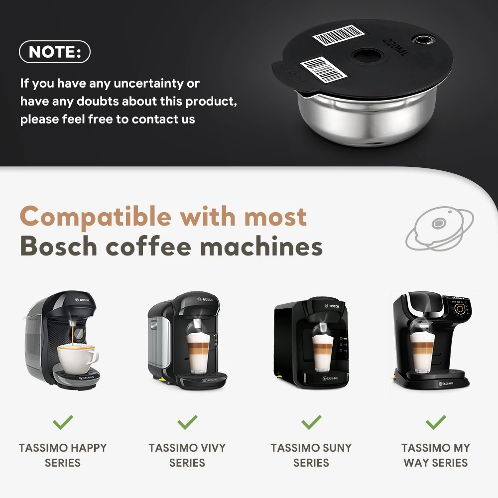 Stainless Steel Coffee capsule pod suitable for Bosch Tassimo refillable filter coffee machine silicone cover 60/180/200/220ml