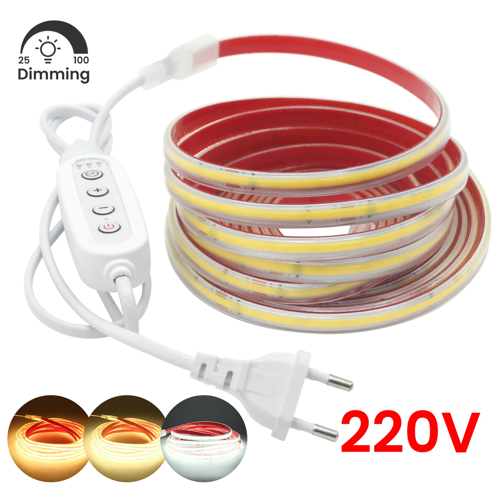 AC 220V COB LED Strip Light Timing Dimmable 3000K 4000K 6000K Waterproof Flexible LED Tape for Home Room Warm/Neutral White