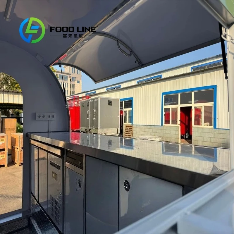 عربة طعام متنقلة، تصميم دائري صغير، فتحات تصريف، مناورة سهلة لاستخدام بائع طعام الشوارع حسب الطلب #4