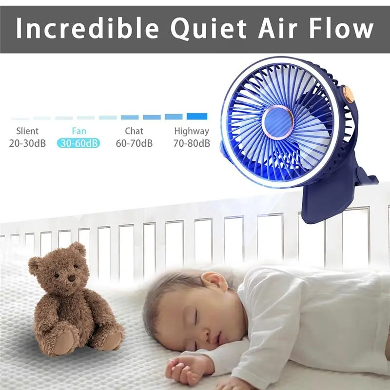 ABIY Vertical Wall-Mounted Clip On Rechargeable Fan With LED Lights Clip-Type Small Desk Fan Desktop USB Fan Portable