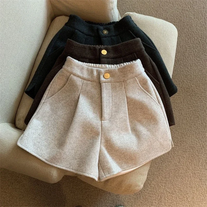 2026 New Kids Girls Woolen Wide Leg Pants Arrival Teenage Girls High Waist Loose Sprit Shorts Children Autumn Winter Clothes