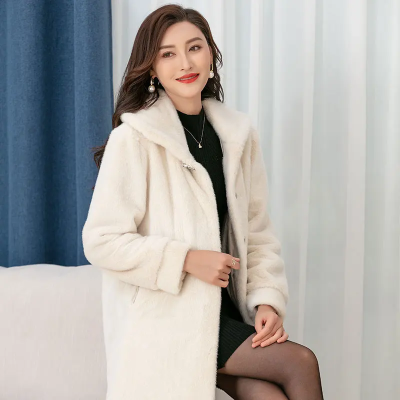 2024 New Women's Mink Faux Fur Coat Long Lapel Korean Elegant Thick Warm Outerwear Fake Fur Female Jacket Fashion Oversize 5xl