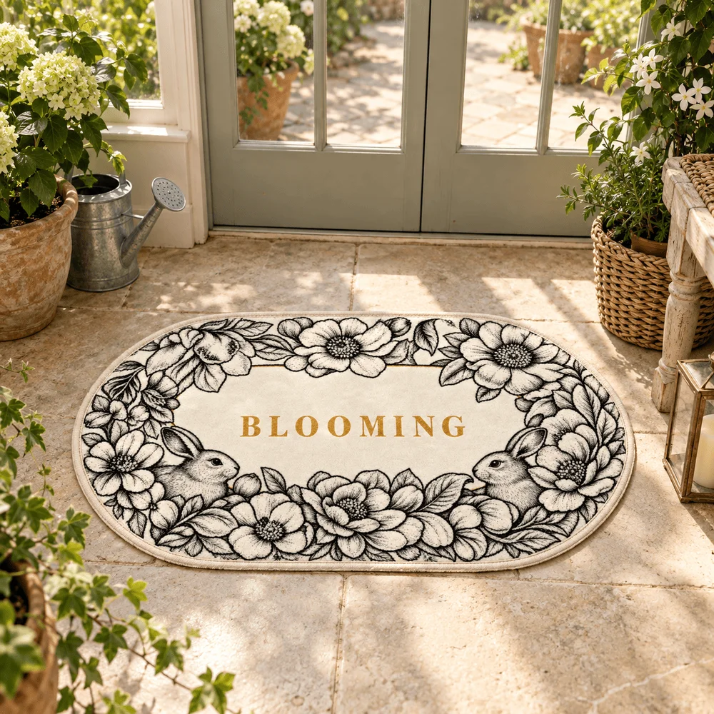 Blooming Rabbit Floral Shaped Area Rug Soft Flannel Non Slip Floor Mat For Bedroom Living Room Entryway Home Decor Cottage Gift