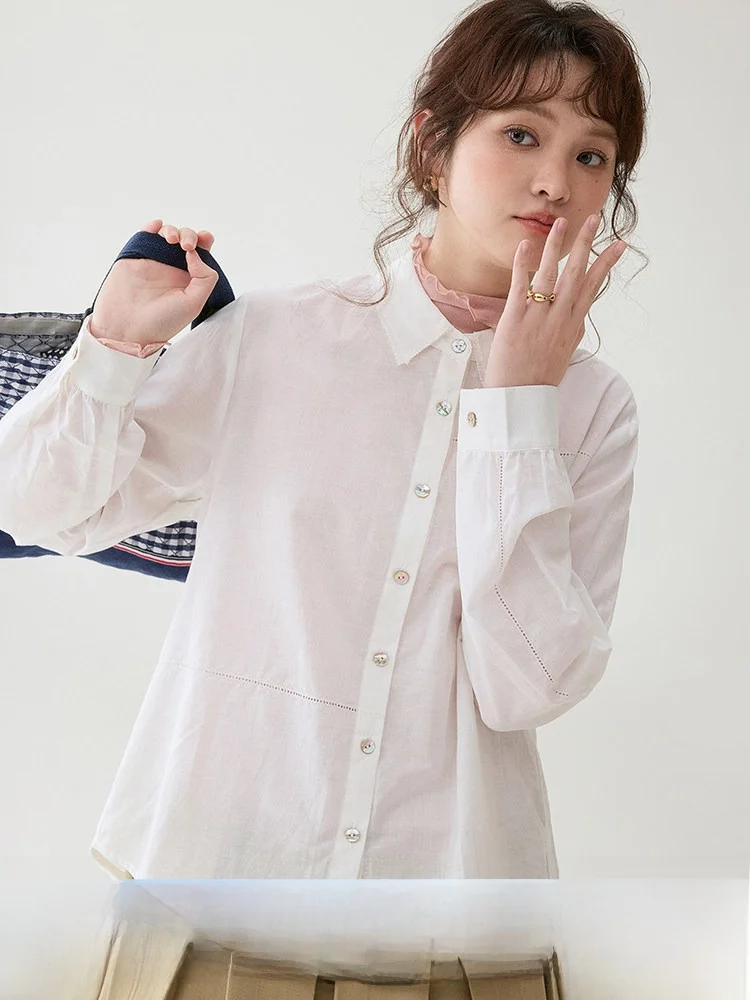 

AMUU Original Thin Hollow out Long Sleeve Shirt Women's Spring New Style Breathable Casual Loose Fit Button up Top